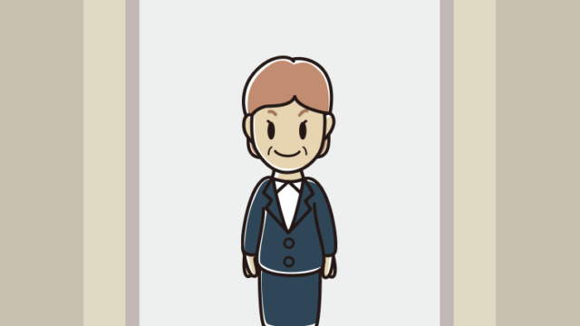 エレベーターに乗る年配女性会社員のイラスト【色、背景あり】PNG