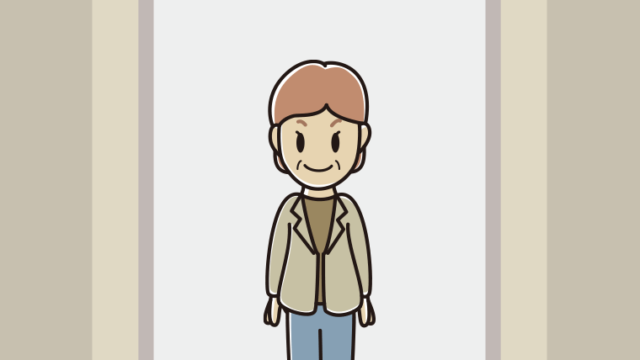 エレベーターに乗る年配女性会社員（カジュアル）のイラスト【色、背景あり】PNG