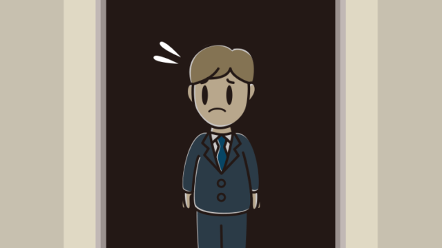 停電でエレベーターが止まる男性会社員のイラスト【色、背景あり】PNG