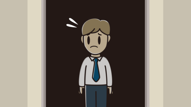 停電でエレベーターが止まる男性会社員（ワイシャツ）のイラスト【色、背景あり】PNG