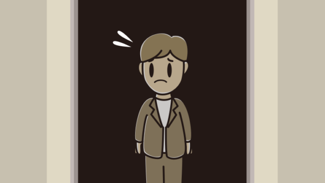 停電でエレベーターが止まる男性会社員（カジュアル）のイラスト【色、背景あり】PNG