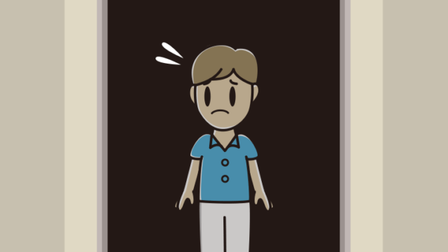 停電でエレベーターが止まる男性会社員（クールビズ）のイラスト【色、背景あり】PNG