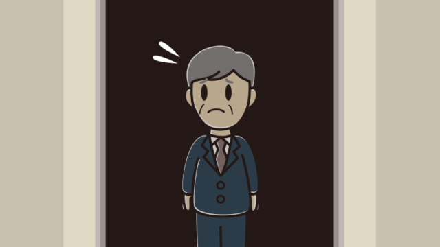 停電でエレベーターが止まる年配男性会社員のイラスト【色、背景あり】PNG