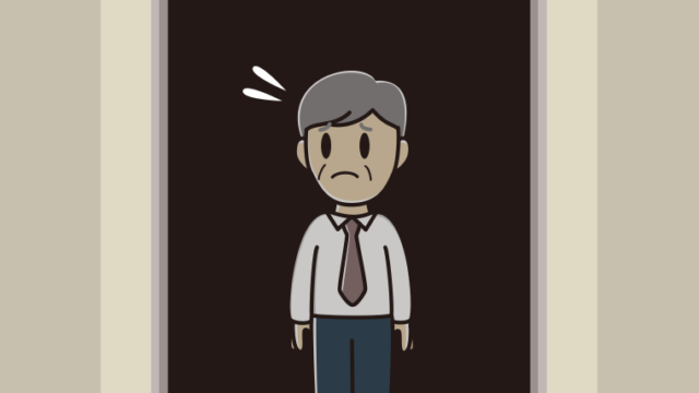 停電でエレベーターが止まる年配男性会社員（ワイシャツ）のイラスト【色、背景あり】PNG