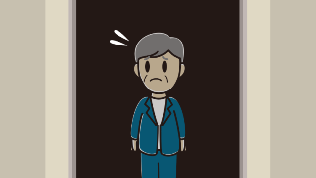 停電でエレベーターが止まる年配男性会社員（カジュアル）のイラスト【色、背景あり】PNG
