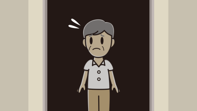 停電でエレベーターが止まる年配男性会社員（クールビズ）のイラスト【色、背景あり】PNG