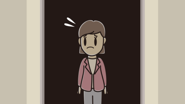 停電でエレベーターが止まる女性会社員（カジュアル）のイラスト【色、背景あり】PNG