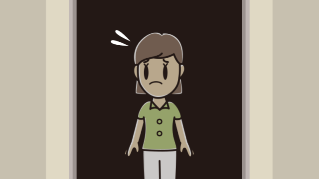 停電でエレベーターが止まる女性会社員（クールビズ）のイラスト【色、背景あり】PNG