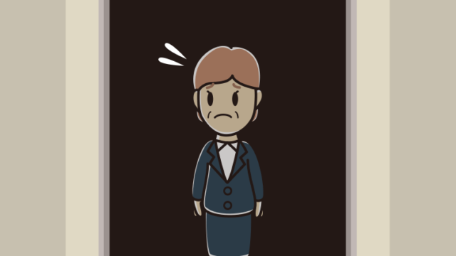 停電でエレベーターが止まる年配女性会社員のイラスト【色、背景あり】PNG