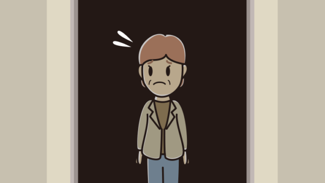 停電でエレベーターが止まる年配女性会社員（カジュアル）のイラスト【色、背景あり】PNG