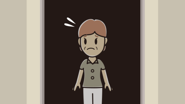 停電でエレベーターが止まる年配女性会社員（クールビズ）のイラスト【色、背景あり】PNG