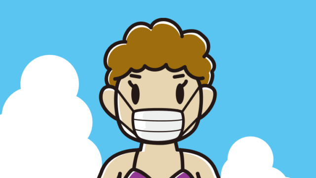 海に入ってマスクをするおばさんのイラスト【色、背景あり】PNG
