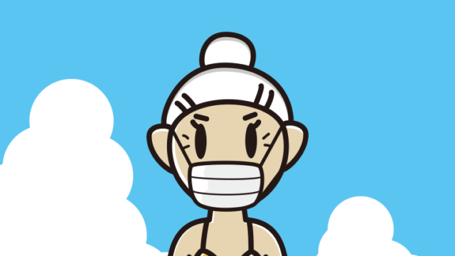 海に入ってマスクをするおばあさんのイラスト【色、背景あり】PNG