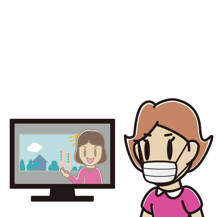 マスクをしてテレビを見る女性のイラスト【色あり、背景なし】透過PNG