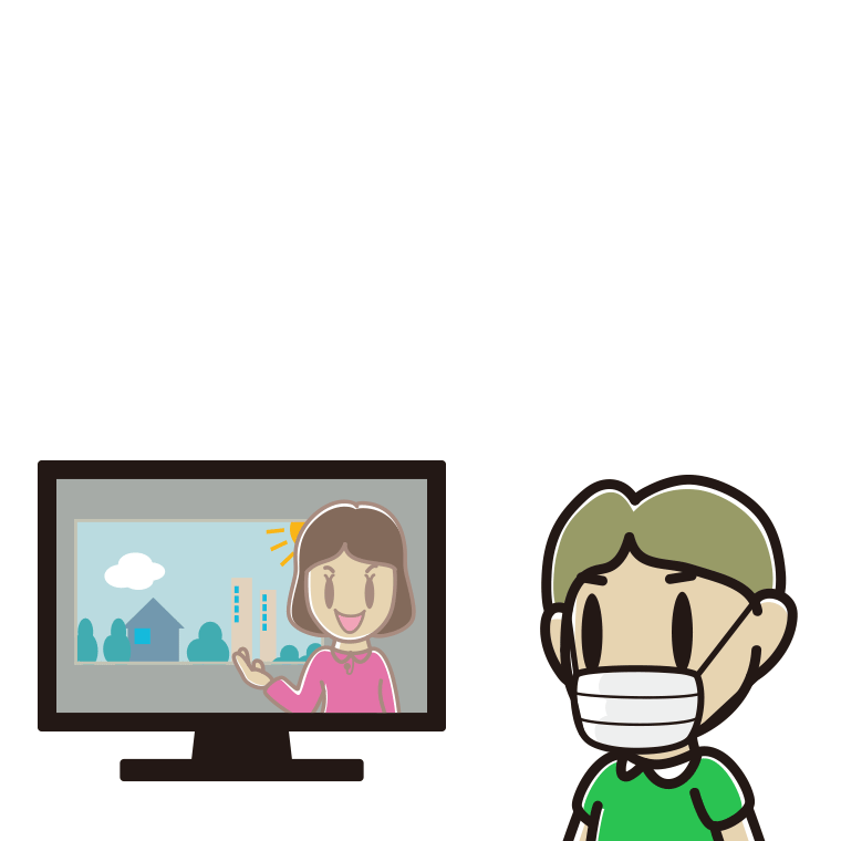 マスクをしてテレビを見る小学生男子のイラスト【色あり、背景なし】透過PNG