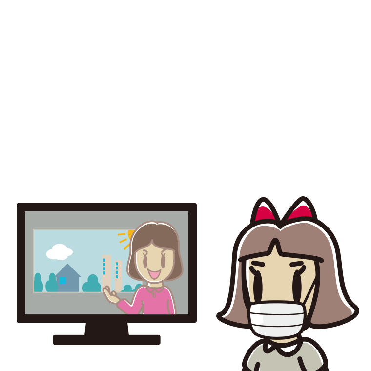 マスクをしてテレビを見る小学生女子のイラスト【色あり、背景なし】透過PNG