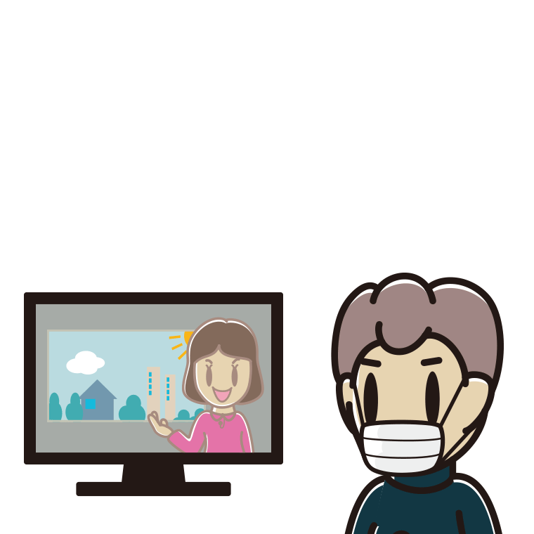 マスクをしてテレビを見る男子中学生のイラスト【色あり、背景なし】透過PNG