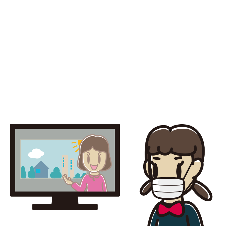 マスクをしてテレビを見る女子中学生のイラスト【色あり、背景なし】透過PNG