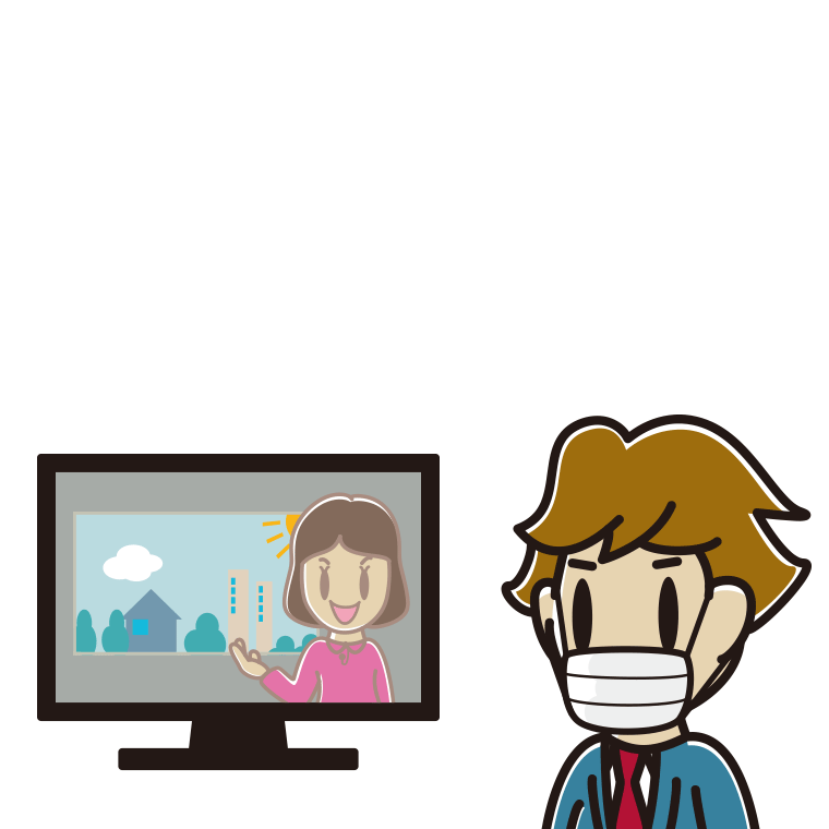 マスクをしてテレビを見る男子高校生のイラスト【色あり、背景なし】透過PNG