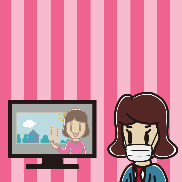 マスクをしてテレビを見る女子高校生のイラスト【色、背景あり】PNG