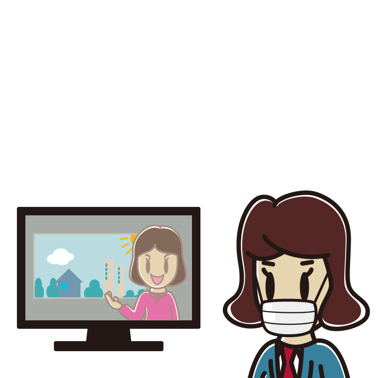 マスクをしてテレビを見る女子高校生のイラスト【色あり、背景なし】透過PNG