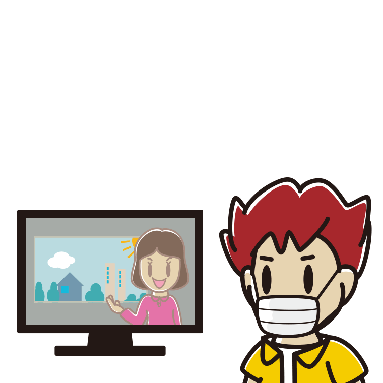 マスクをしてテレビを見る男子大学生のイラスト【色あり、背景なし】透過PNG