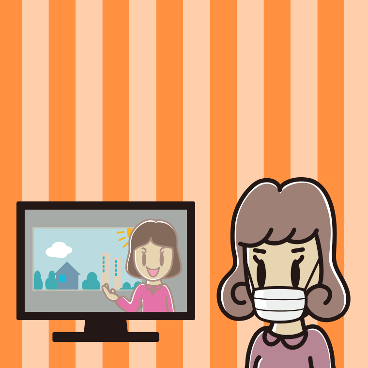 マスクをしてテレビを見る女子大学生のイラスト【色、背景あり】PNG