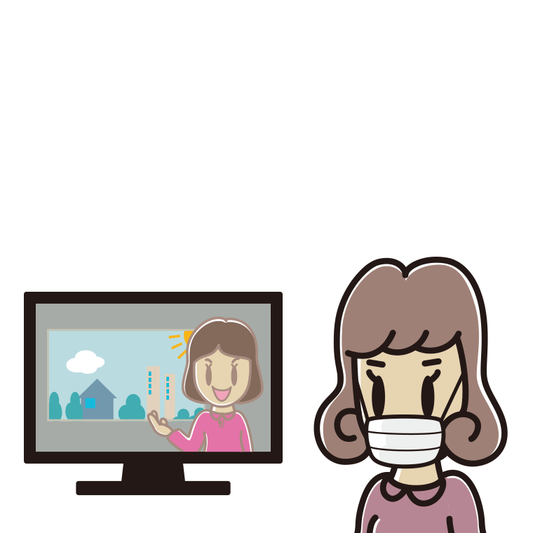 マスクをしてテレビを見る女子大学生のイラスト【色あり、背景なし】透過PNG