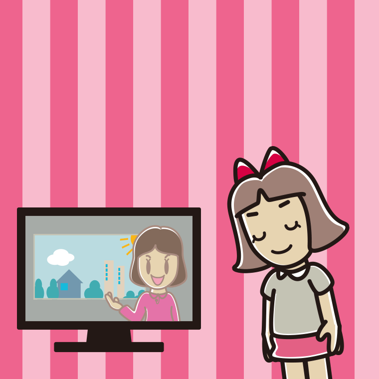 テレビにお辞儀する小学生女子のイラスト【色、背景あり】PNG