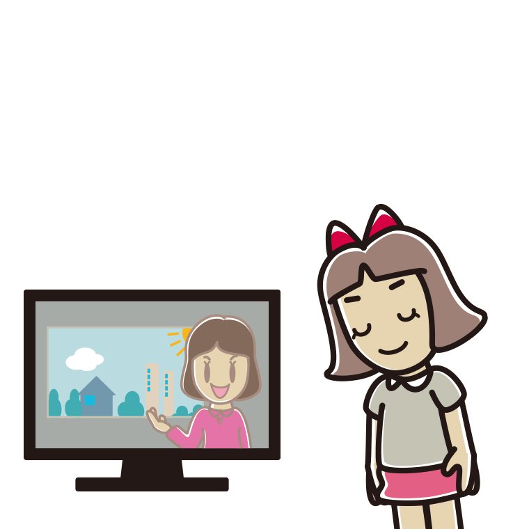 テレビにお辞儀する小学生女子のイラスト【色あり、背景なし】透過PNG