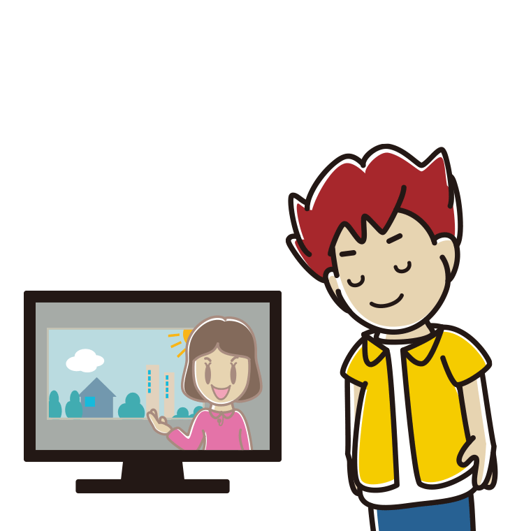 テレビにお辞儀する男子大学生のイラスト【色あり、背景なし】透過PNG