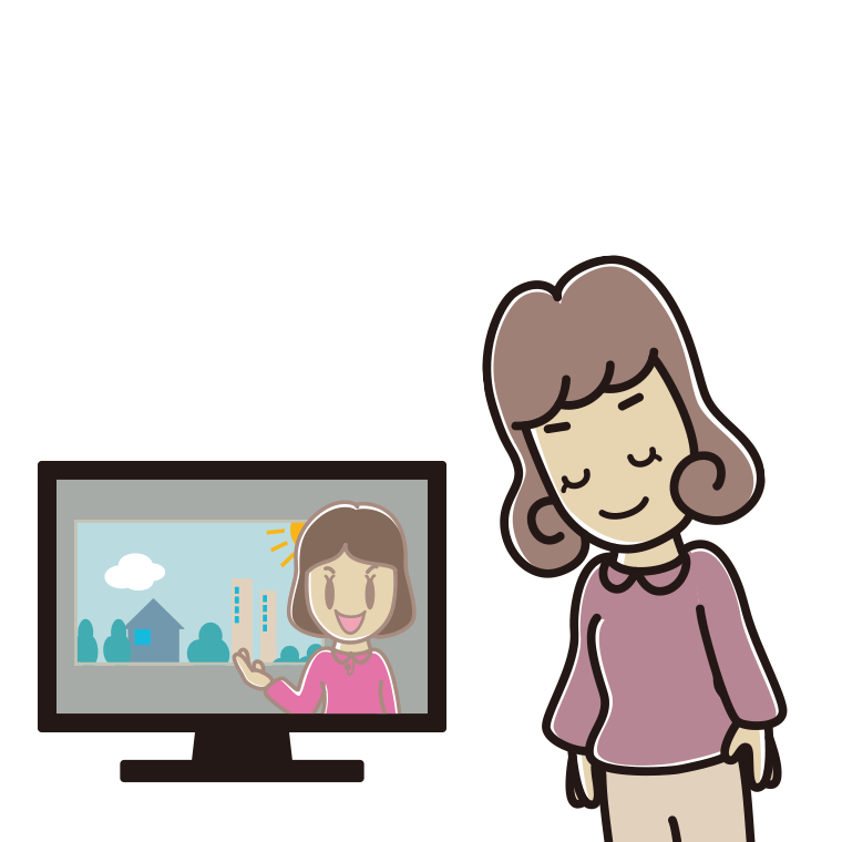 テレビにお辞儀する女子大学生のイラスト【色あり、背景なし】透過PNG