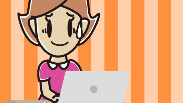 パソコンに苦笑いする女性のイラスト【色、背景あり】PNG