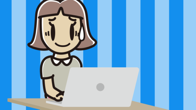 パソコンに苦笑いする小学生女子のイラスト【色、背景あり】PNG