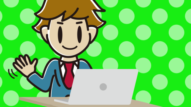 パソコンに手を振る男子高校生のイラスト【色、背景あり】PNG