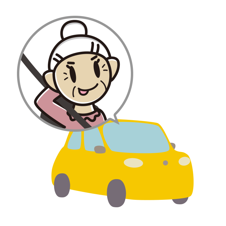 車でテヘヘなおばあさんのイラスト【色あり、背景なし】透過PNG