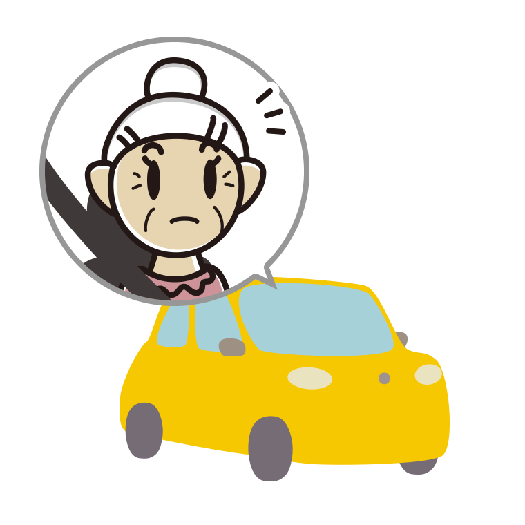 車で何かに気付くおばあさんのイラスト【色あり、背景なし】透過PNG