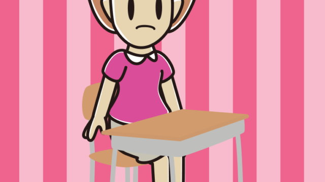 教室の席で困る女性のイラスト【色、背景あり】PNG