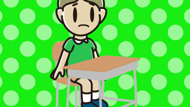 教室の席で困る小学生男子のイラスト【色、背景あり】PNG