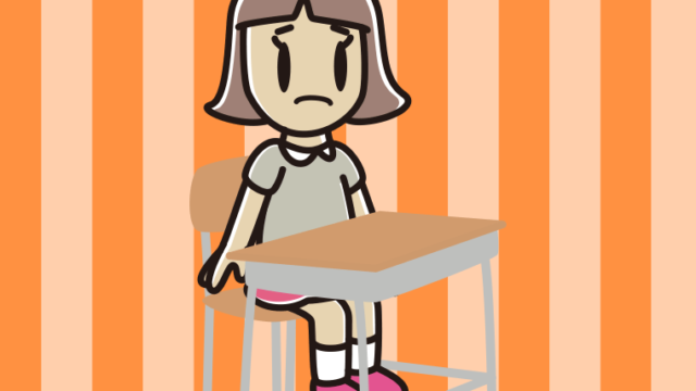 教室の席で困る小学生女子のイラスト【色、背景あり】PNG