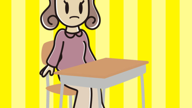 教室の席で困る女子大学生のイラスト【色、背景あり】PNG