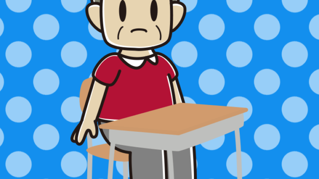 教室の席で困るおじさんのイラスト【色、背景あり】PNG