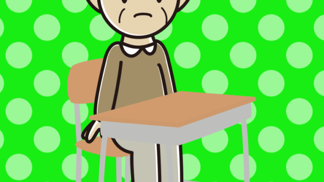 教室の席で困るおじいさんのイラスト【色、背景あり】PNG