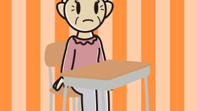 教室の席で困るおばあさんのイラスト【色、背景あり】PNG