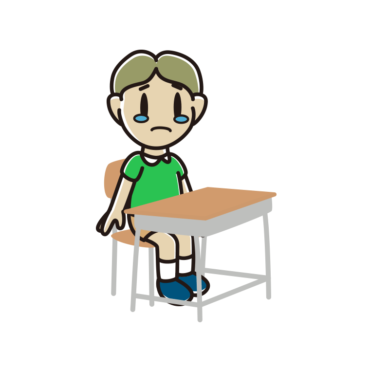 教室の席で泣く小学生男子のイラスト【色あり、背景なし】透過PNG