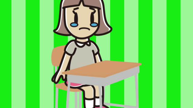 教室の席で泣く小学生女子のイラスト【色、背景あり】PNG