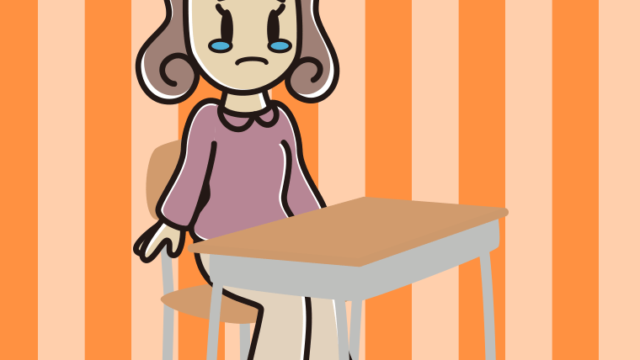 教室の席で泣く女子大学生のイラスト【色、背景あり】PNG