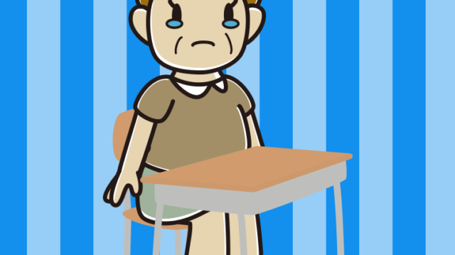 教室の席で泣くおばさんのイラスト【色、背景あり】PNG