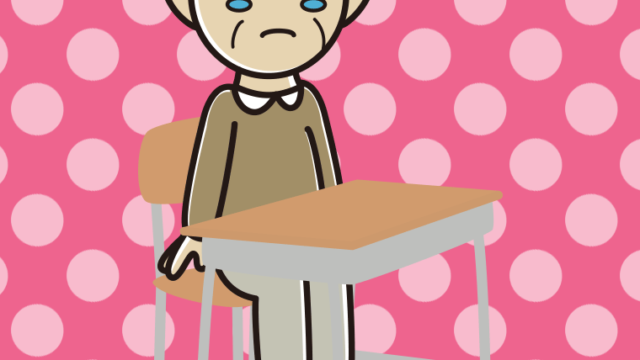 教室の席で泣くおじいさんのイラスト【色、背景あり】PNG
