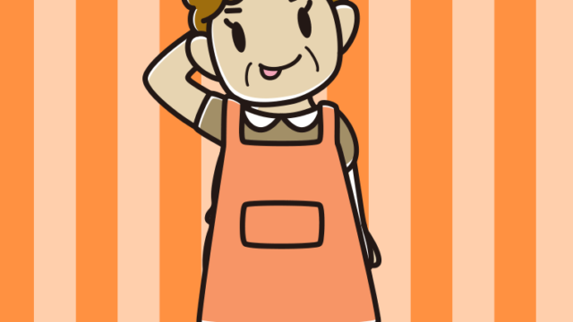 テヘヘなエプロン姿のおばさんのイラスト【色、背景あり】PNG